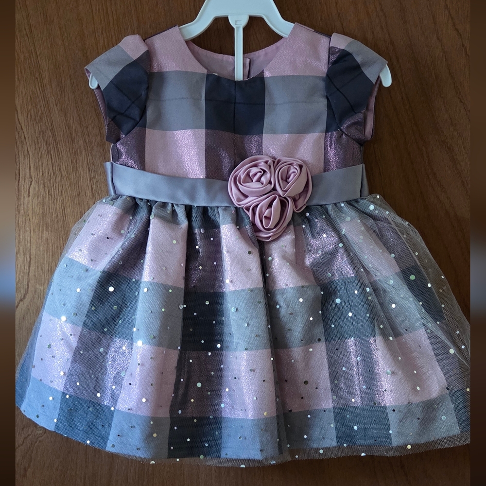 Pink & Gray Plaid Dress w/Floral Accent 12 Mo